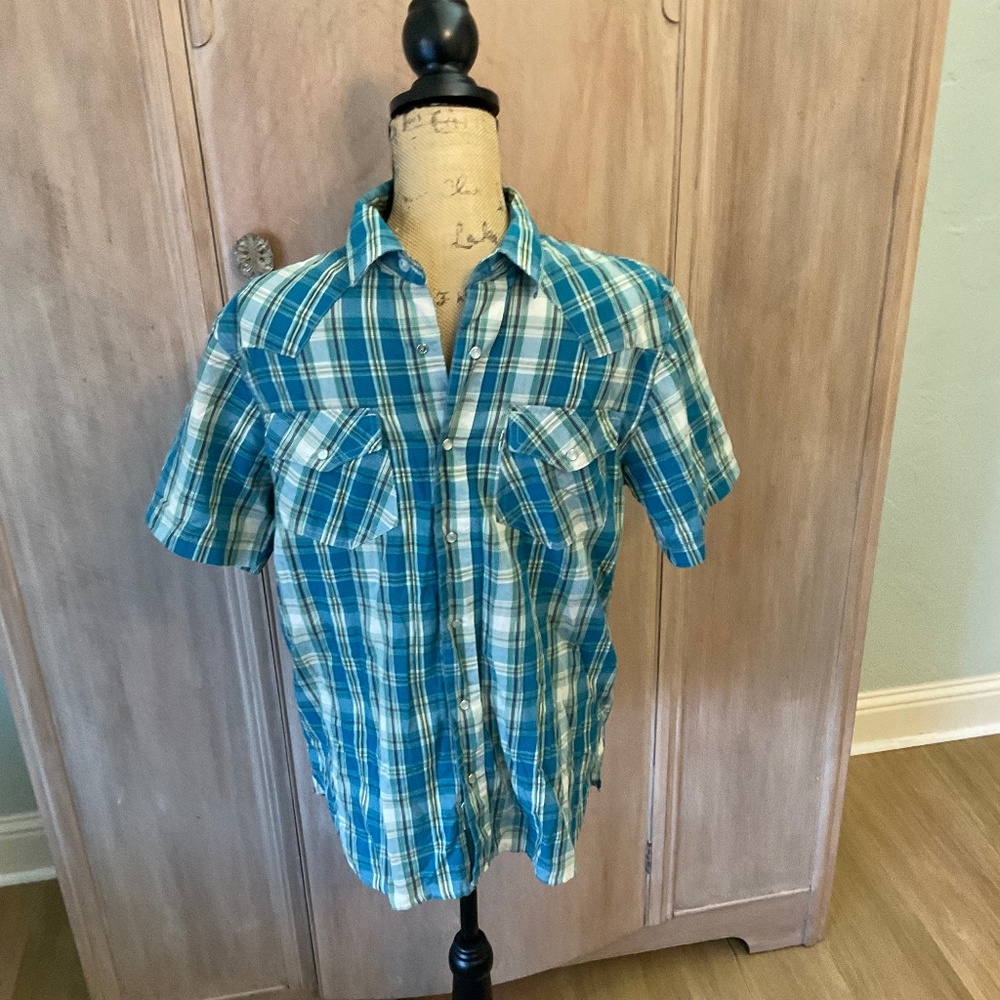 Vintage Levi's Men's Pearl Snap Short Sleeve Western Plaid Slim Fit Shirt grunge